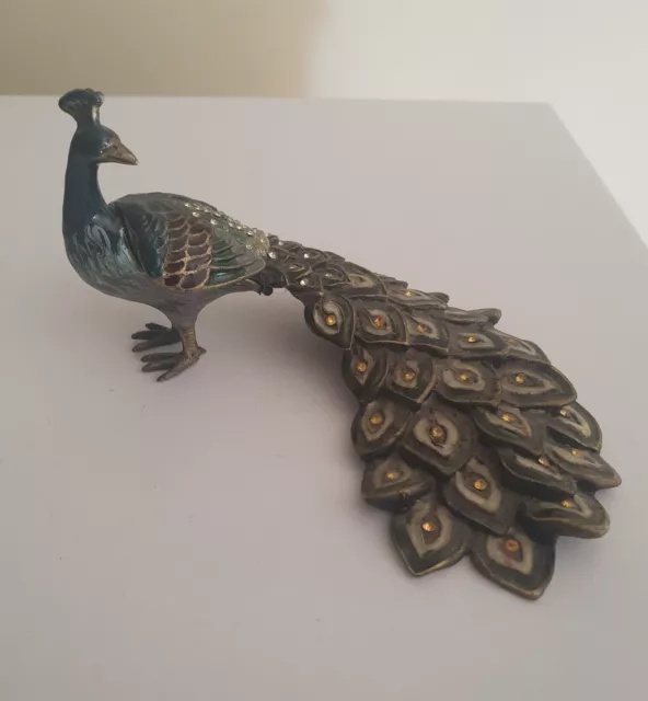 Heavy Metal Peacock Trinket Box with Enamelled Finished,  Decorated w. Crystals