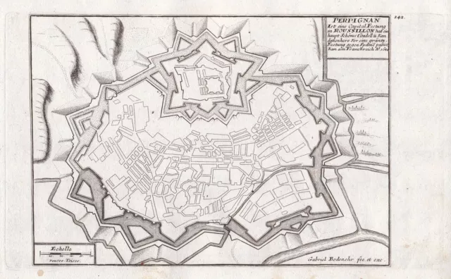 Perpignan Pyrenees-Orientales Occitanie France Bodenehr engraving gravure 1720