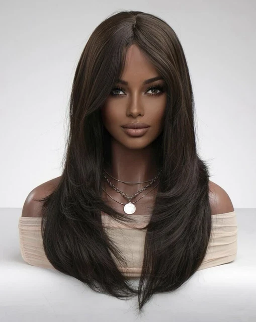 Perruque Synthétique Noire Longue Avec Frange - Bonnet Offert, Look Lisse Et Naturel