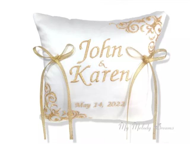 Personalised Gold Wedding Bearer Ring Cushion Pillow White Satin  Embroidered