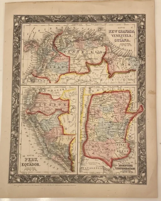 1860 Map Venezuela Guiana Peru Ecuador New Granada Argentine Confederation