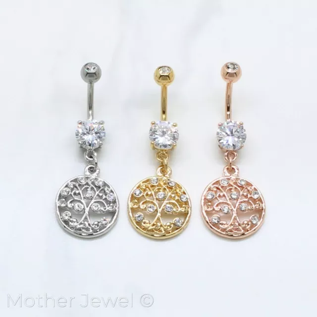 Round Family Tree Of Life Dangle Belly Navel Silver 14K Yellow Rose Gold Ip Ring