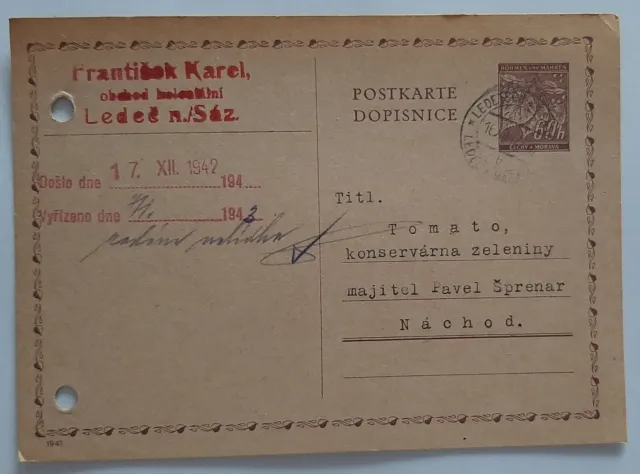 Böhmen + Mähren 60 h, Ganzsache Postkarte Ledeč nad Sázavou nach Náchod 1942