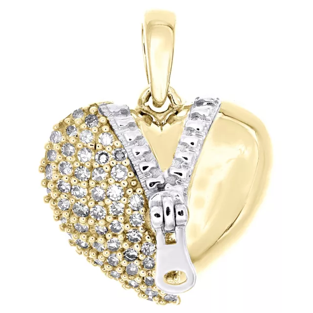 10K Yellow Gold Round Diamond Domed Open Zipper Heart Pendant Love Charm 1/4 Ct.
