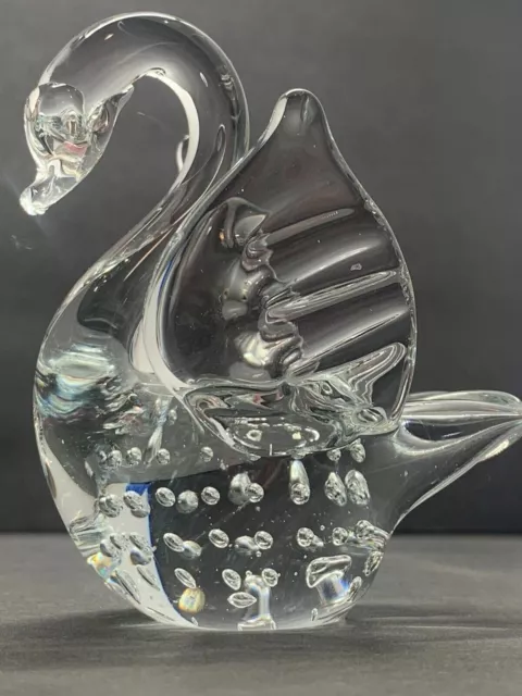 Art Glass Swan Paperweight Figurine Clear Controlled Bubbles Murano inspired