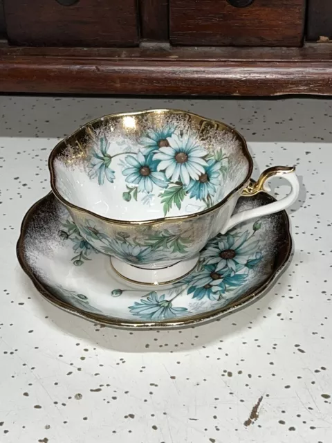 Royal Albert Marguerite- Blue Daisies Footed Tea Cup & Saucer Heavy Brushed Gold