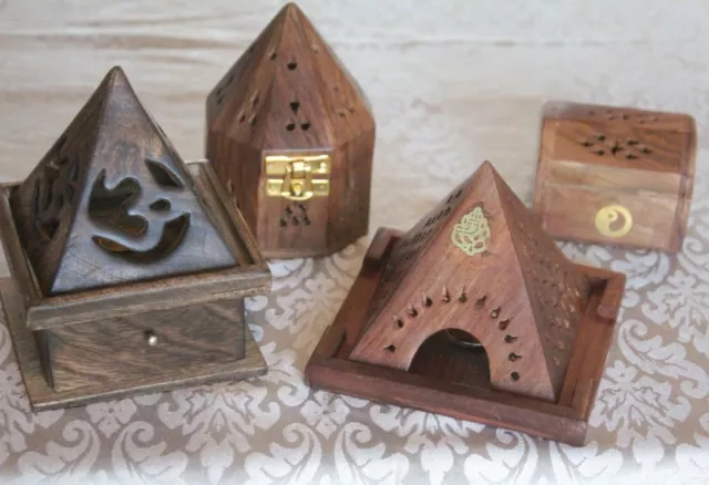 Wood Box Incense Burner Cone Holder Carved Engraved Pyramid Egypt New Age Gift