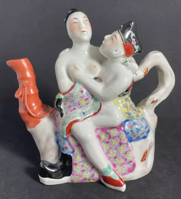 Chinese Pottery Pair Of Lovers Teapot Enamel Hand Painted Design