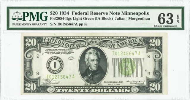 FR #2054-IIgs $20 1934 Federal Reserve Note Minneapolis Ch Unc 63 EPQ PMG