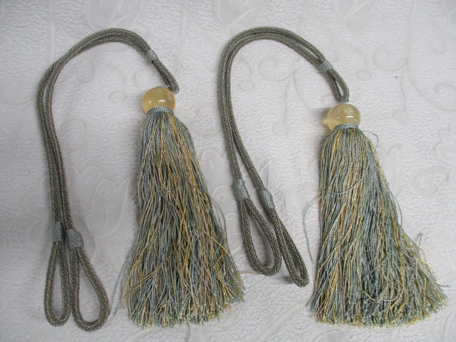 Pair Sage Green & Gold Tassel Curtain Drapes Tie Backs 16"