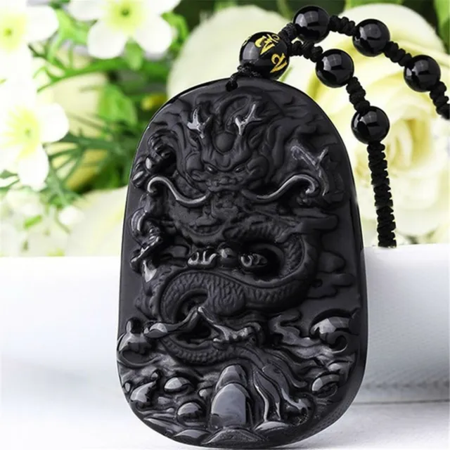 Natural Black Obsidian Hand Carved Dragon Lucky Blessing Beads Pendant Necklace