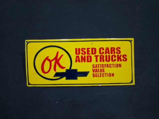 Porcelain OK Used Cars & Trucks Enamel Metal Sign Size 23" x 10" Inches
