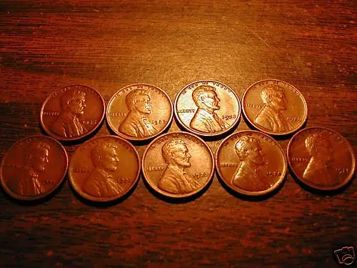 1920-29-P Lincoln Wheat Cent Penny Lot, 9 Coins,  All Fine-Very Fine!!