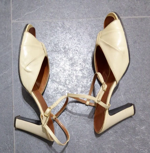 Sandali tacco vintage anni '70/'80. Punta aperta - taglia 6,5 pelle crema