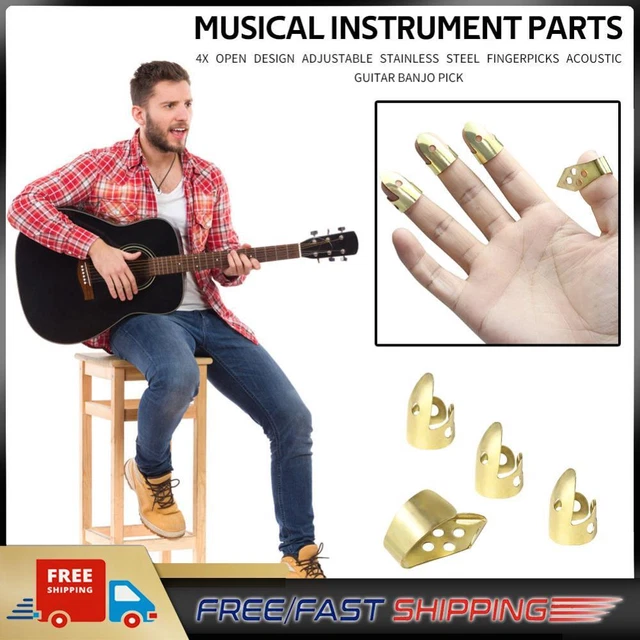 Adjustable 3 Finger Picks + 1 Thumb Pick Acoustic Guitar Banjo Pick (Gold)