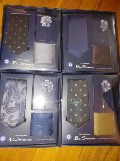 Ben Sherman Neck Tie Pocket Square Lapel Pin mens Sets Gift polka dot black gold 2