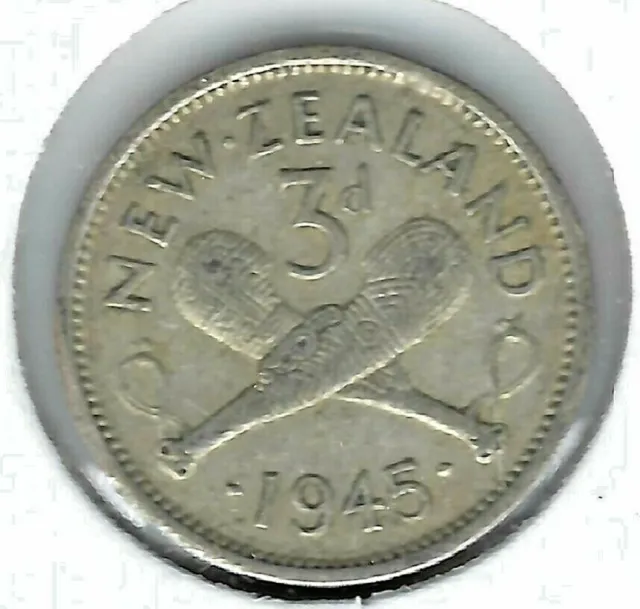 1945 New Zealand Circulated Silver Three Pence KGVI & Crossed Patu Coin!