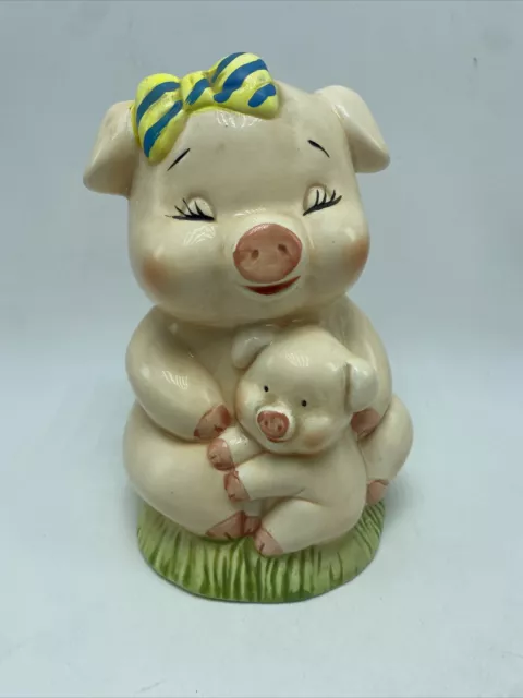 Enesco Pig Piggy Bank 6" Tall 4"Length Vintage Ceramic Pink With Baby Pig Bow