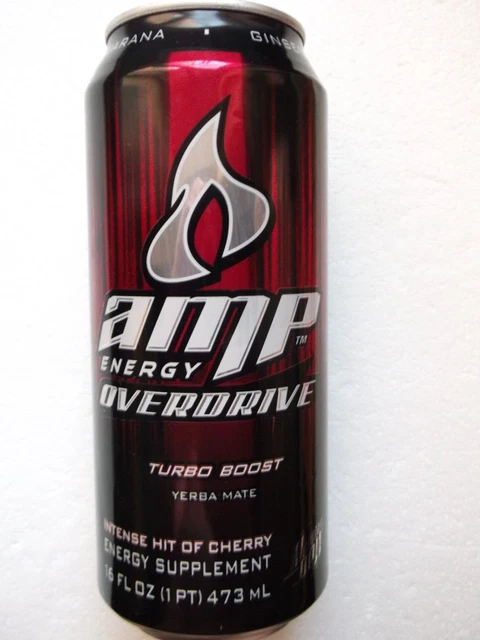AMP ENERGY OVERDRIVE TURBO BOOST MOUNTAIN DEW 2008 USA empty can top opened
