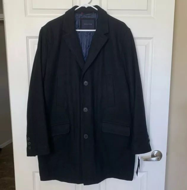 Tommy Hilfiger Men's Large Melton Top Coat 152AB923 Wool Blend Black Full Length