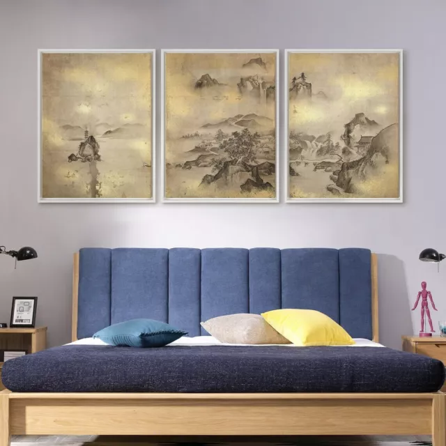 Kano Tsunenobu Japanese landscape  mountain Triptych Poster Canvas A0 A1 A2 A3