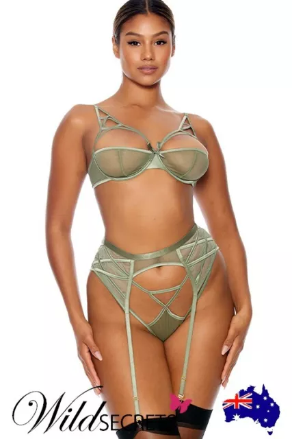 NEW Forplay Star Crossed Three Piece Sage Green Mesh Bra Set, Wild Secrets