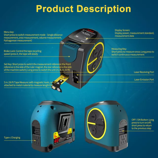 DTAPE 2 in 1 /40M digital Laser Tape Measure Silent USB Rechargeable LCD Display 3