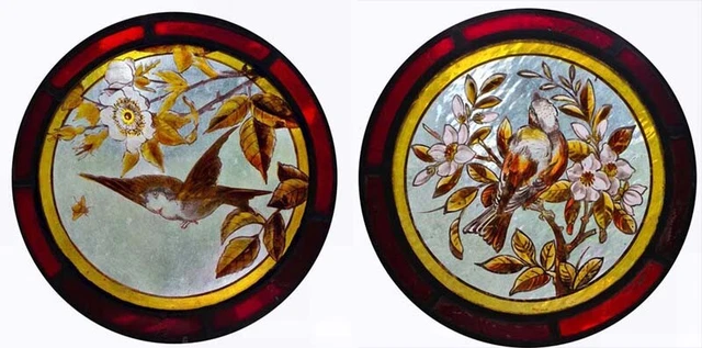 Rare Pair English Victorian Painted Bird Roundels Antique Stained Glass