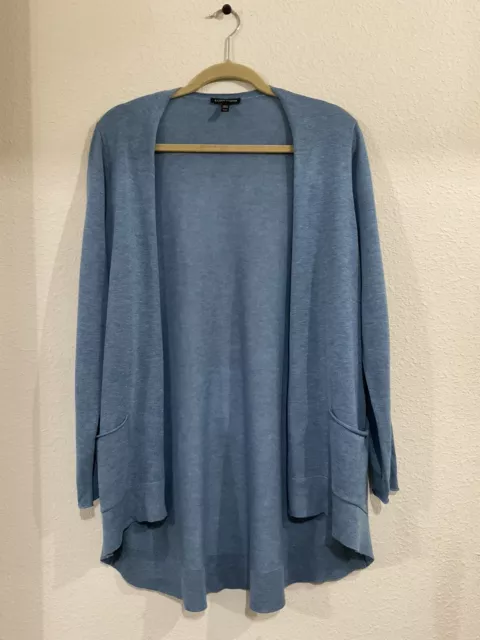 Eileen Fisher Long Open Front Cardigan Tencel Wool Blue Medium