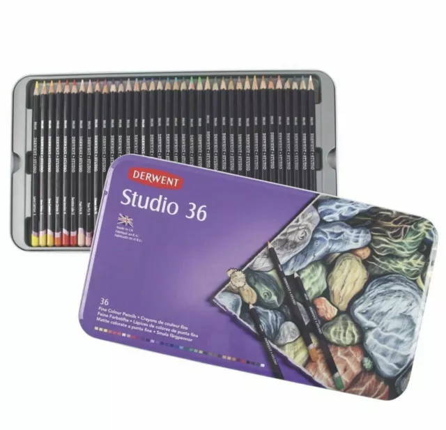 Derwent Studio Coloured Pencil, Authentic Metal Tin 36 Colour Pencils