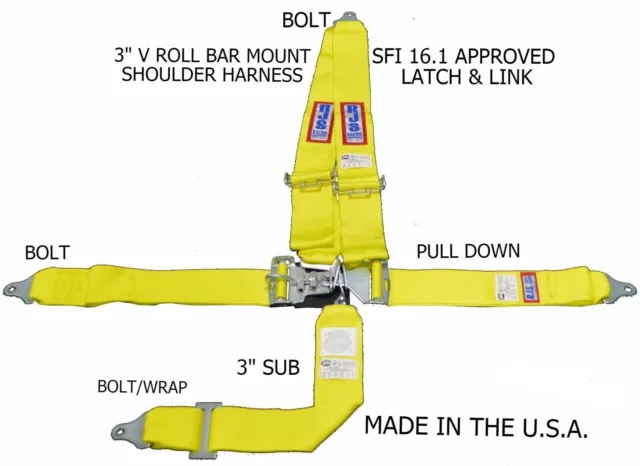 Rjs Sfi 16.1 Latch & Link 5 Pt Harness V Roll Bar Mount Bolt In Yellow  1126206