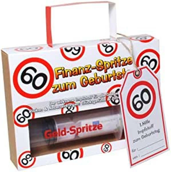 FINANZSPRITZE DEKO SPRITZE zum Befüllen mit Geld zum 60. Geburtstag EUR