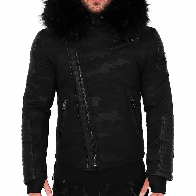 VESTE DOUDOUNE HOMME hiver ALPHA ARMY simili cuir noir avec col
