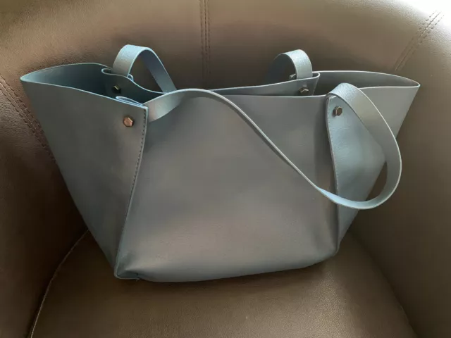 Neiman Marcus Womens Blue Vegan Leather Open Tote Bag Handbag