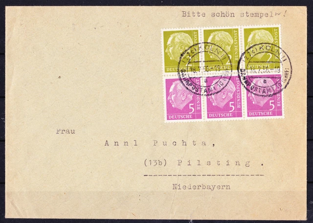 Bund Heuss I, 5 Pf Mi. 179 & 2 Pf Mi. 177 MiF als 3er-Streifen auf Brief