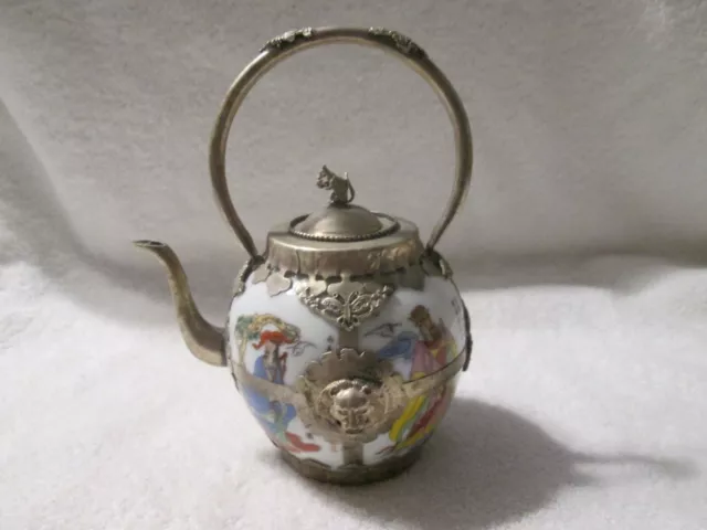 Antique Signed Chinese Porcelain Tibetan Silver Teapot Lion Filigree Rat Lid