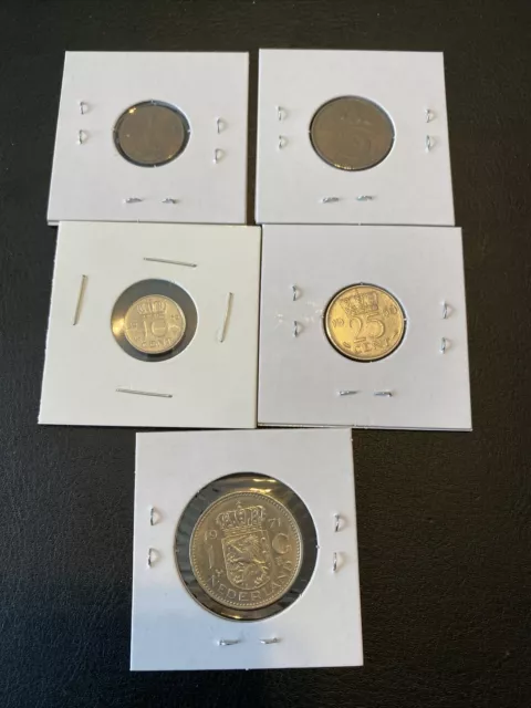 Lot of 5 Dutch Coins (Netherlands) - 1, 5, 10, 25 Cent & 1 Gulden