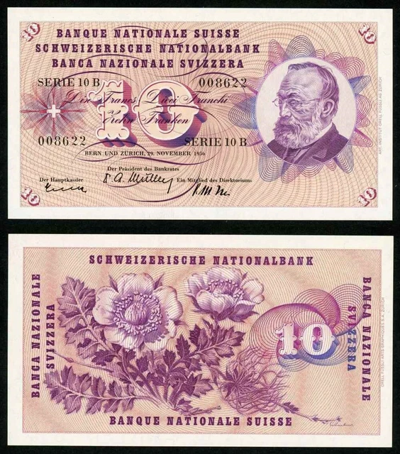 1956 Switzerland Banknote Ten Francs Gottfried Keller Image Pick 45c Crisp UNC