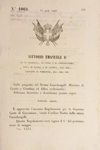 Decreto Regno Sardegna - Regolamento Suprema Corte di Cassazione - 1860