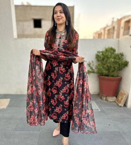 Designer Indiano Chanderi Palazzo Kurta Set Donna Ricamato Salwar Kameez Combo