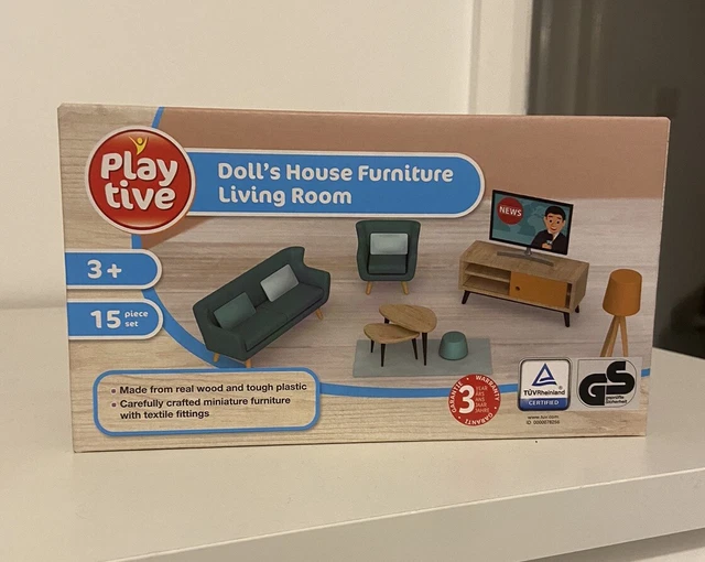 Playtive Wooden Dolls House Furniture Living Room Lounge 15 Piece Set  New