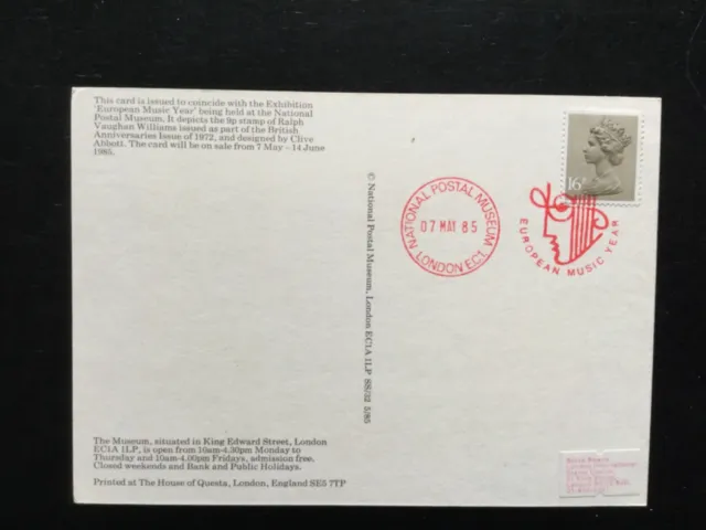 GB 1985 European Music Year Postcard, National Postal Museum pmk (PSE848#2)