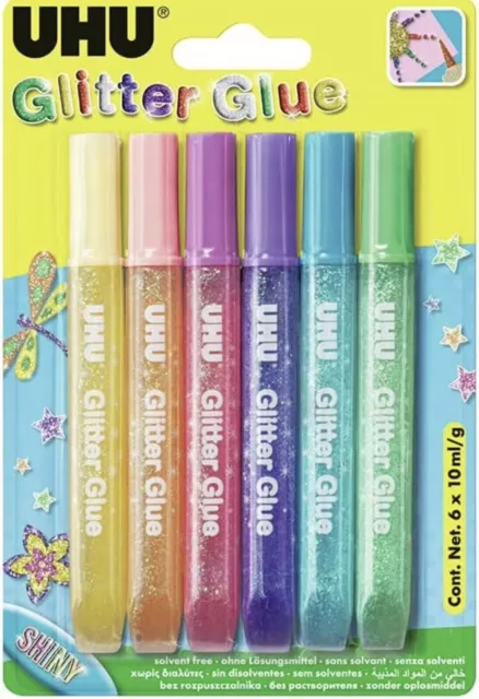 UHU Glitter Glue Assorted Colour Tubes Sparkle Kids Crafts - Pack 6