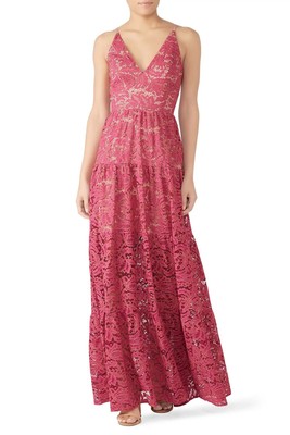 $325 Dress The Population Fuchsia Melina Lace Maxi Dress V-neck Size XL