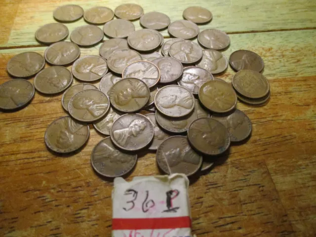 1936  LINCOLN WHEAT CENT PENNY ROLL,  F/XF 50 coins.