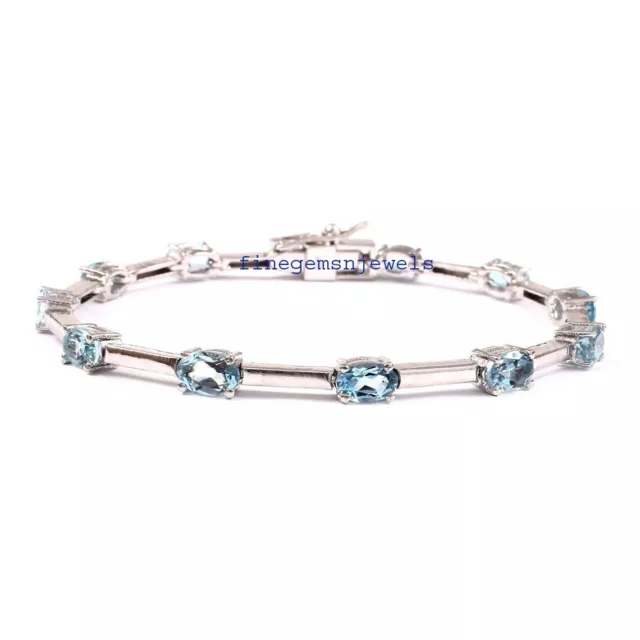 Naturel Topaze Bleu Pierres Précieuses Avec 925 Argent Bracelet Pour Femmes #933