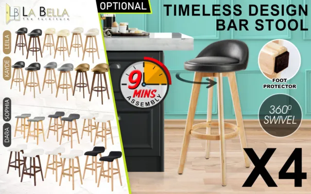 4X Wooden Bar Stool Barstools Dining Chair Kitchen Stools Swivel PU Fabric 2