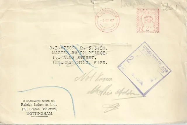 2d POSTAGE DUE PURPLE CACHET ON TYPED NOTTINGHAM COVER 1957  REF 719