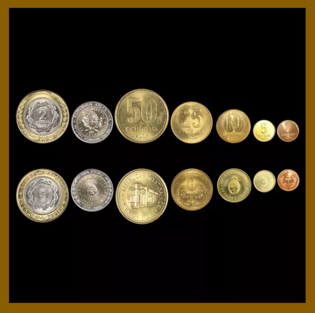 Argentina 1 2 5 10 25 50 Centavos & Pesos (7 Coin Set) 1998-2013 Bimetallic Unc