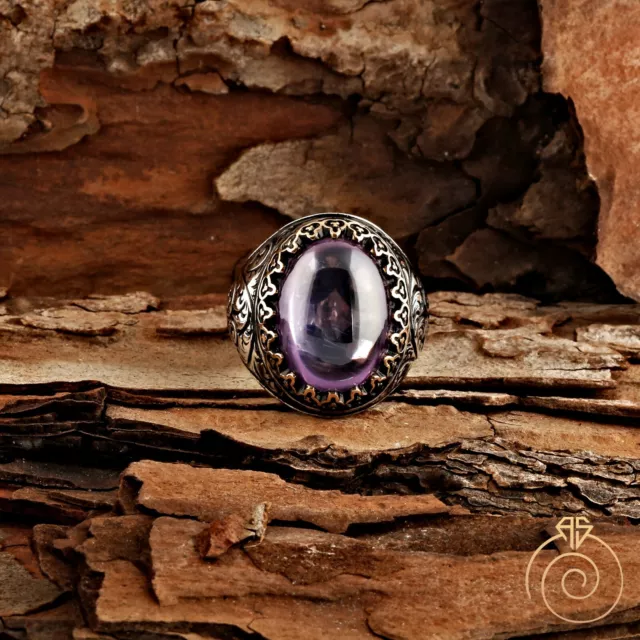 Mens Butique Engraved Amethyst Ring Curved Stone Man Jewelry Antique Cool Style 3